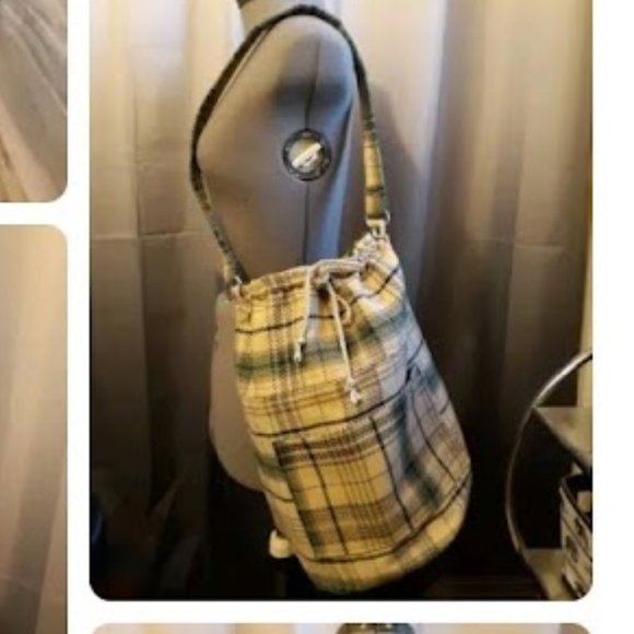 Plaid Retro Plaid Tote Double handle Bucket Shoulder Bag Purse Green Ivory LRG - Picture 3 of 11
